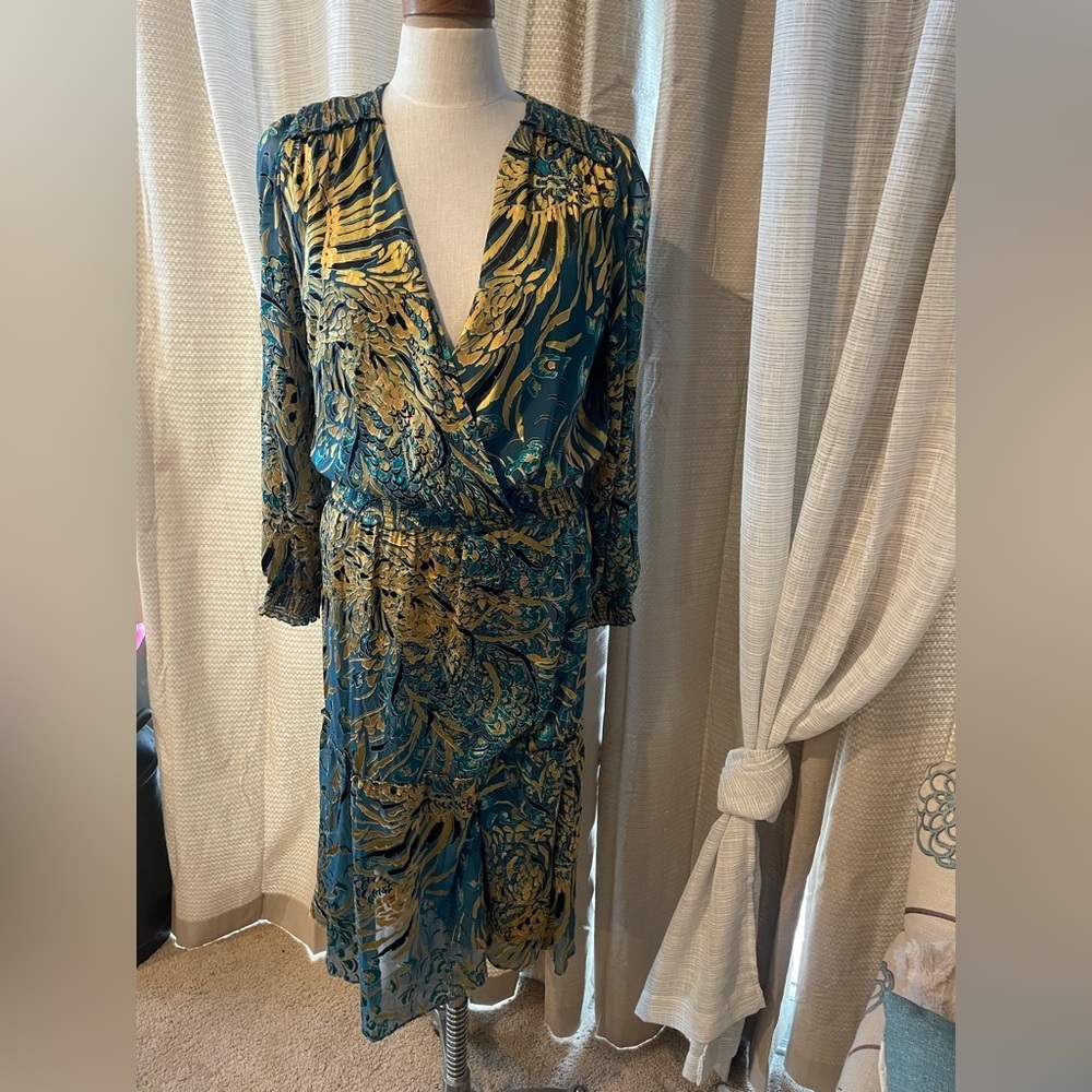 White House Black Market burnout smocked dress Teal and Gold Long Sleeve Dress - Picture 9 of 15